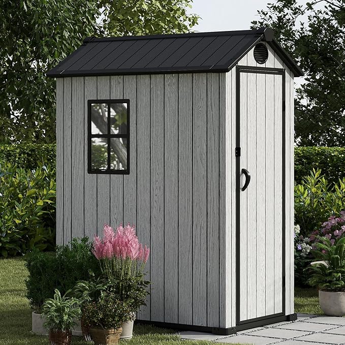 3.4x5.3 FT Resin Outdoor Storage Shed, 125 Cuft Garden Tool Sheds & Outdoor Storage Plastic Shed with Floor, 7FT Tall Backyard Outside Lawn Mower Storage Shed with Side Window, Cemented Grey