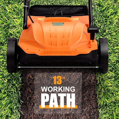 ARNOT Lawn Dethatcher & Scarifier, 2-in-1 Electric Corded Lawn Dethatcher, 13-Inch 12Amp Lawn Scarifier, 3-Position Raking Depth, w/40L Collection Bag & 2 Removable Blades, Orange