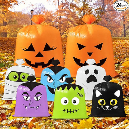 CNhoqc Halloween Lawn Leaf Bags - 24Pcs Halloween Theme Pumpkin Black Cat Ghost Mummy Patterns Waste Bags with Twist Ties, Large Grass Plastic Trash Container for Garden Outdoor Halloween Decorations