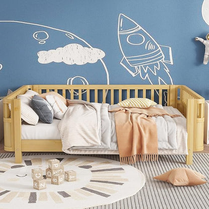 KEIKI Full Size Wooden Floor Bed, Montessori Platform Bed Frame with Low Profile & Safety Rails, Space Saving Kids Beds for Boys Girls Bedroom, No Box Spring Needed, Easy Assembly, Noise Free, Brown