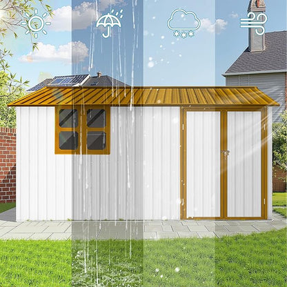 12 ft × 10 ft Sheds & Outdoor Storage Shed Large Classic Apex Roof Metal Garden Storage Sheds with Hinged Door, Window Tool Cabinet for Backyard, Patio, Poolside, Golden Yellow + White