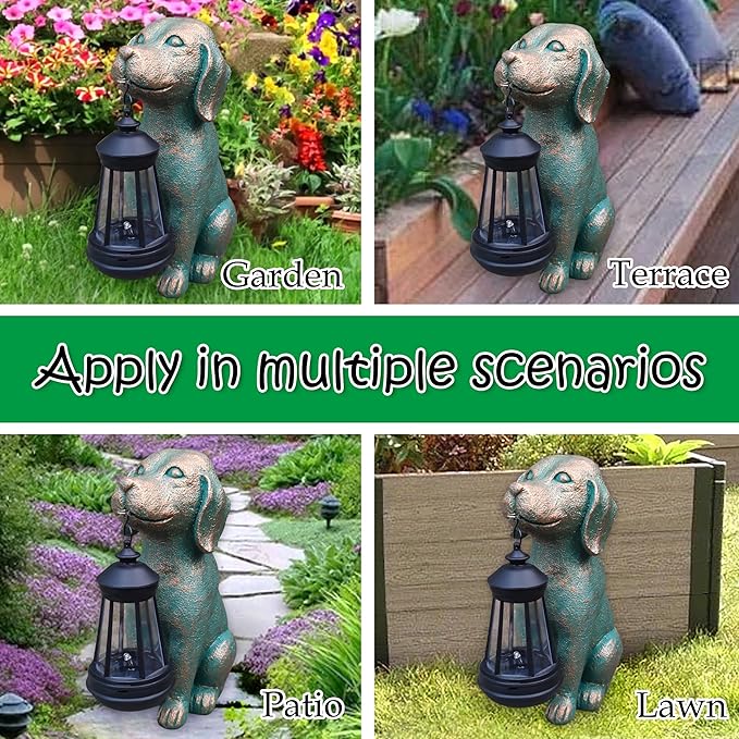 Dog Garden Statue Outdoor Décor with Solar Lights Lantern,Dog Solar Light Figurines Outside Decorations for Yard，Lawn ,Patio, Balcony, Unique Housewarming Gifts