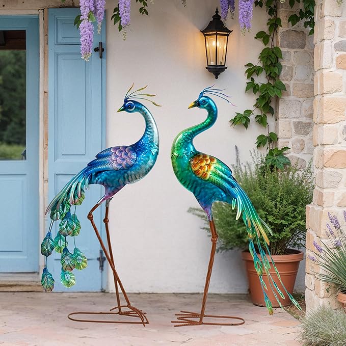 chisheen Metal Peacock Statue Garden Decor Yard Art Decoration Outdoor Sculpture,Set of 2,Housewarming Birthday for Women Mom