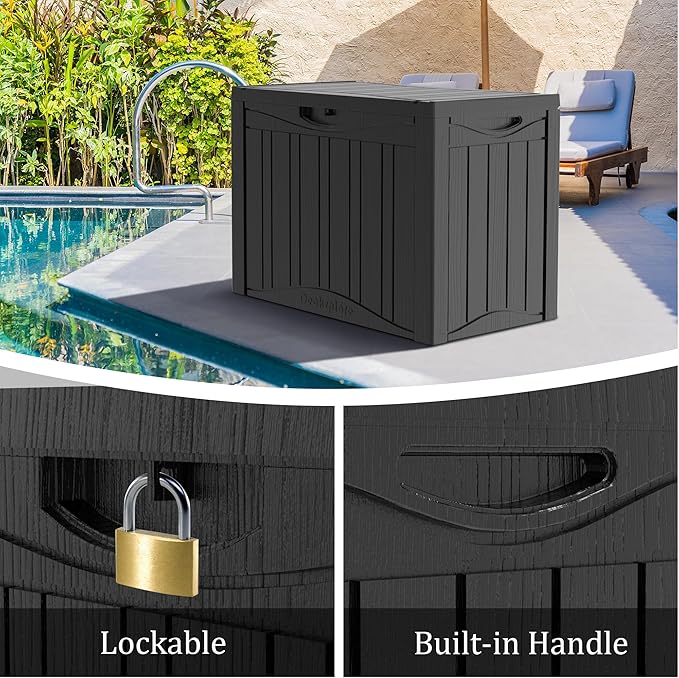 45 Gallon Deck Box, Resin Outdoor Indoor Waterproof Storage Box, Lockable Storage Box With Handle for Patio Furniture - Garden Tools - Swimming Pool Tools UV-Resistant, Black