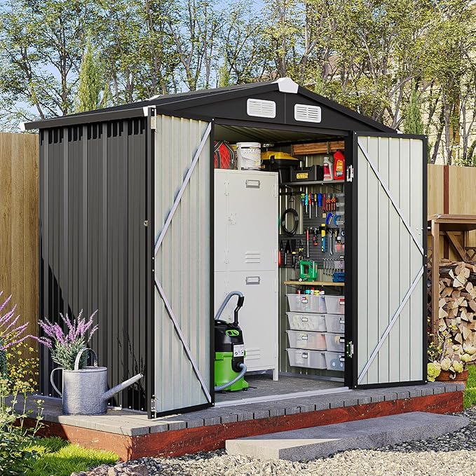 6x4 FT Outdoor Storage Shed, Metal Garden Tool Shed with Sloping Roof & Lockable Door for Patio Lawn Backyard (Black)