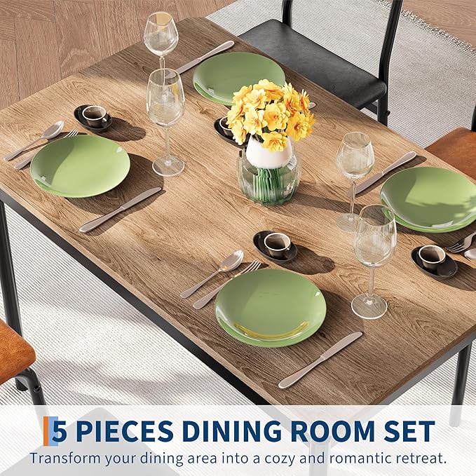 5 Piece Dining Room Table Set, Kitchen Table Set for 4 with Brown Wooden Grain Kitchen Table and 4 PU Upholstered Metal Chairs, Dining Room Set for Small Space,Home Dinner(2 Black & 2 Brown Chairs )