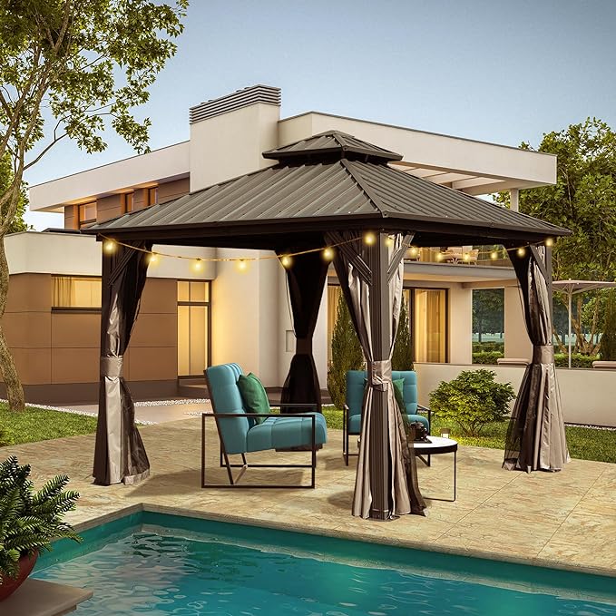 Domi 8' x 8' Hardtop Gazebo Permanent Metal Gazebo with Galvanized Steel Double Roof, Curtains and Netting for Party, Wedding, Outdoor Dining, Patio, Backyard, Brown