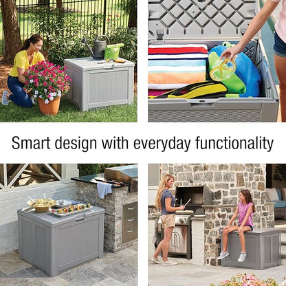Rubbermaid Medium Resin Outdoor Storage Deck Box (74 Gal) Weather Resistant Gray Deck Organization for Home/Backyard/Pool Chemicals/Toys/Garden Tools/Porch/Patio Cushions