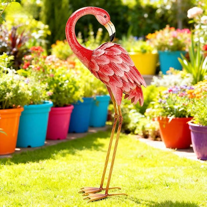 Shorayn Garden Statues Flamingo Sculptures Metal Yard Art, Pink Bird Art Outdoor Backyard Decor Patio Lawn Porch Ornament Flamingo Yard Decoration