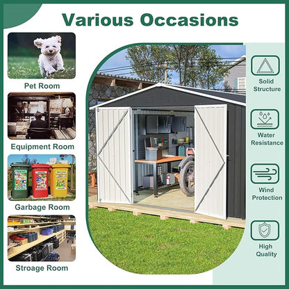 10x12 FT Outdoor Storage Shed, Large Metal Garden Shed with Lockable Hinged Doors, Outside Tool Shed with Sloped Roof & 4 Air Vents, Waterproof Storage Building for Backyard, Patio, Lawn, Black