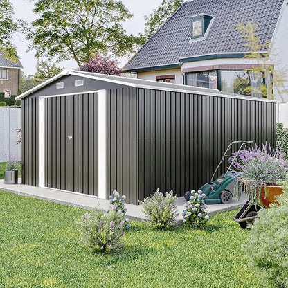 10x14 FT Outdoor Storage Shed, Metal Shed with Floor, Lockable Door & Vents, All-Weather Resin Shed for Garden, Backyard, Patio, Lawn, Dark Gray