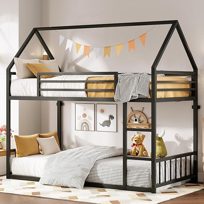 LIKIMIO Bunk Bed Twin XL Over Twin XL, Metal Bunk Bed Frame with Ladder and Guardrail, House Shaped with Metal Slats for Dormitory and Bedroom, Space Saving, No Box Spring Needed, Black