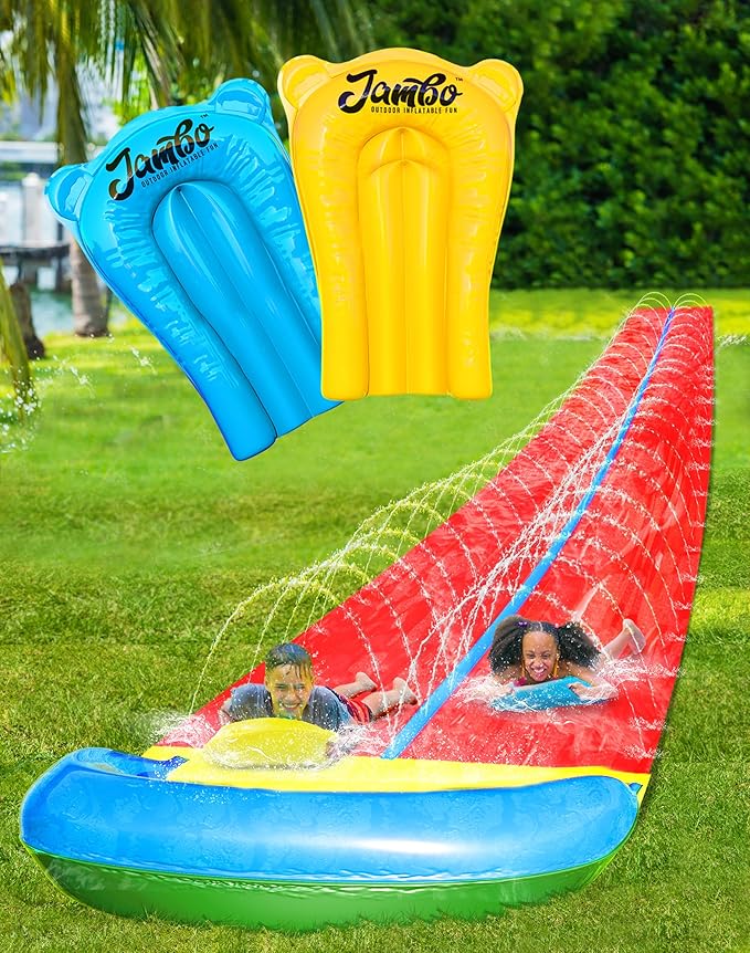 JAMBO 24Ft XL Slip Splash and Slide and 2 Bodyboards, Heavy Duty Lawn Water Slide, Summer Water Toy with Sprinkler for Backyard Outdoor Water Fun n Toys for Kids, Splash Mat Splash Pad