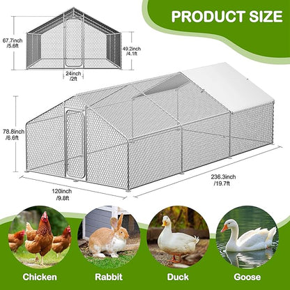 Large Metal Chicken Coop,19.7'L x 9.8'W x 6.6'H Chicken Run,Walk in Chicken Pen with Cover for Yard,Large Poultry Cage for Duck Rabbit