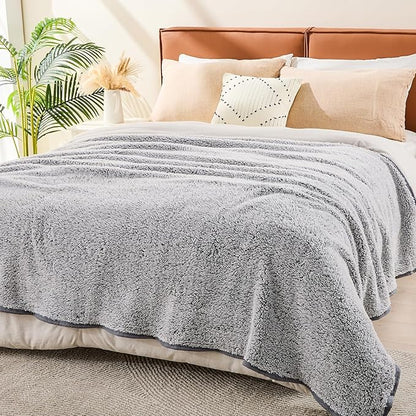 EMME Soft Sherpa Fleece Blanket Reversible Plush Fluffy Large Blanket, Light Weight Warm Decorative Boho Blanket Cover for Sofa, Couch, Bedroom,Travel(Plush Grey,90"x90")