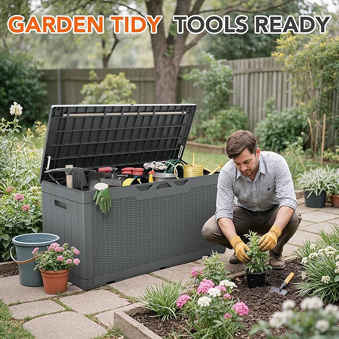 110 Gallon Deck Box Outdoor Indoor Waterproof Storage Box for Patio Furniture, Pool Accessories, Garden Tools, and Cushion Storage, Gray