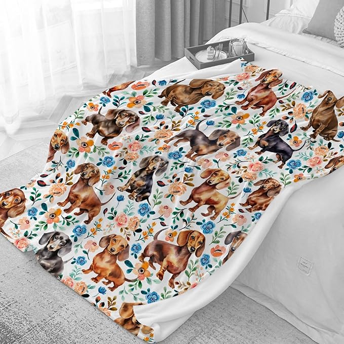 Dachshund Blanket, Wiener Dog Throw for Boys Girls, Floral Pattern Decor for Couch Bed Living Room, Pets Lover Gifts, 40"x50"-Kids/Throw Size