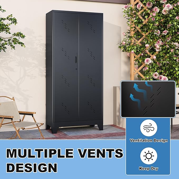 71" Outdoor Storage Cabinet – Heavy-Duty Lockable Metal Shed with Ventilated Doors, Perforated Stainless-Steel Bottom, Hanging Rod & Hooks, Easy Assembly