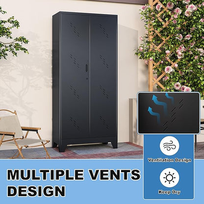 71" Outdoor Storage Cabinet – Heavy-Duty Lockable Metal Shed with Ventilated Doors, Perforated Stainless-Steel Bottom, Hanging Rod & Hooks, Easy Assembly