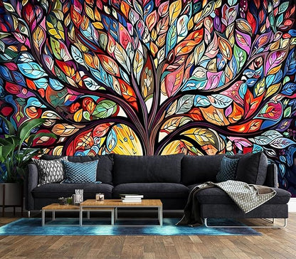 XMPMBM-Vintage Abstraction Art Forest backsplash Large Decorative Wallpaper Colorful Graffiti Tree Bedroom Bathroom Wall Mural- W 88" X H 59"（36 Square Foot）