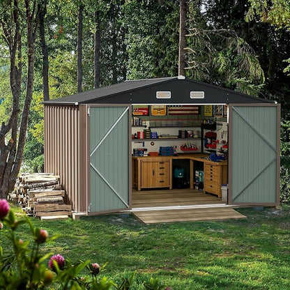 Furniwell 10x8 FT Outdoor Storage Shed, Metal Garden Sheds Outdoor Storage House with Single Lockable Door for Backyard Patio Lawn, Brown