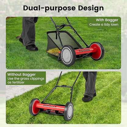 Goplus Manual Lawn Mower, 16 Inch 5-Blade Walk-Behind Cordless Grass Cutter with 7 Gallon Removable Grass Collect Bag, Adjustable Cutting Heights, Push Reel Lawn Mower for Yard, Garden