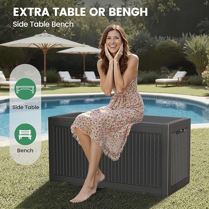 100 Gallon Storage Box, Waterproof Resin Deck Box with Hydraulic Piston Design, Lockable Storage Bench for Package Delivery, Storage Bin for Patio Cushions, Garden Tools, Black