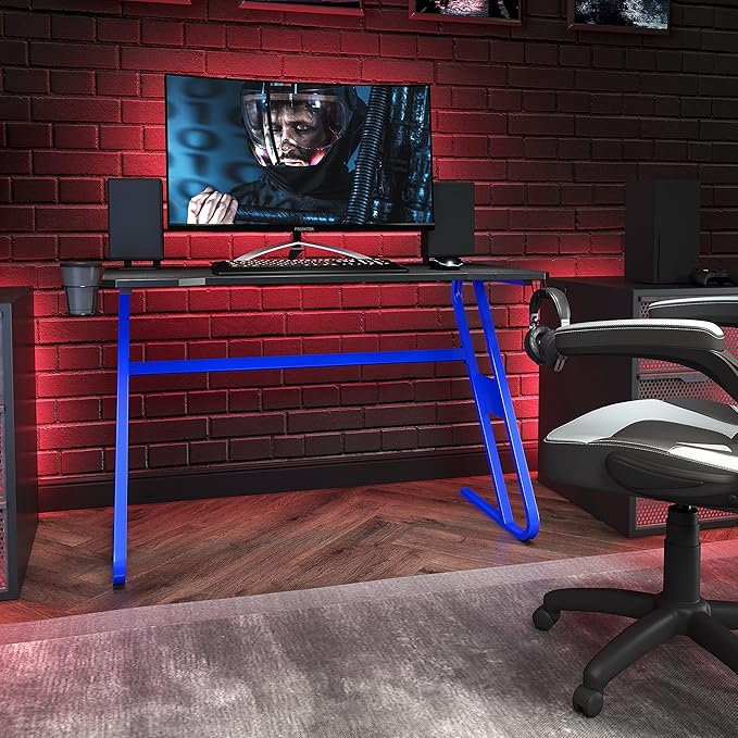 Flash Furniture Fisher Gaming Desk - Blue Ergonomic Computer Desk - 51.5" Gamers Table with Cup Holder and Headphone Hook