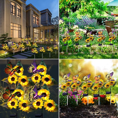 ANGMLN Solar Sunflower Outdoor Garden Lights, 2 Pack Solar Flower with Butterfly Waterproof Garden Decor, Gifts for Mom Grandma, Waterproof Decorative Lights for Pathways Patios and Yards Decorations