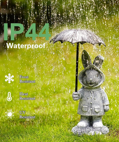 Solar Rabbit Garden Statue Outdoor Decor, Bunny Figurines Lights with Umbrella for Outside Yard Lawn Ornaments,Gifts for Mother's Day Birthday Easter Housewarming(Grey)