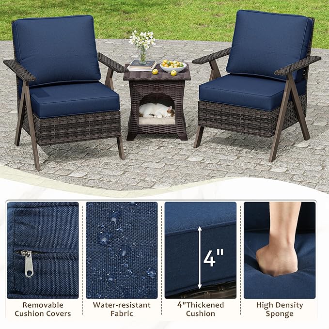 Patio Porch Furniture Chairs Set, 3 Pieces PE Rattan Wicker Chairs with Side Table, Outdoor Garden Furniture Sets for Garden Backyard Porch Poolside