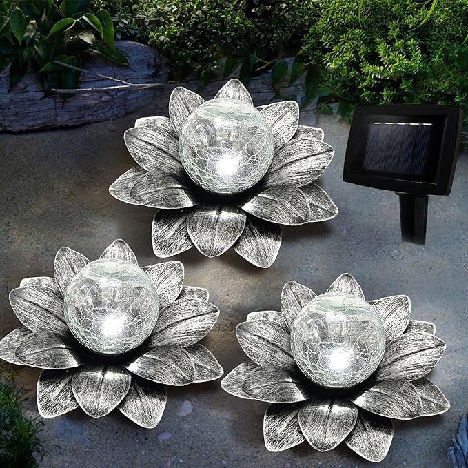 LEWIS&WAYNE Solar Garden Lights Outdoor, 3 Pcs Silver Gray Lotus Flower Pathway Lamps with Cool White Crackle Glass Globe Led Lights for Patio Pathway Yard Balcony Garden Decorations