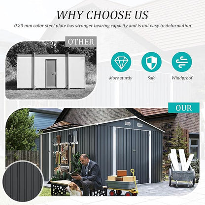 9x11 FT Outdoor Metal Storage Shed with Lockable Door, Steel Garden Utility Shed with Vents, Backyard Patio Tool Shed for Lawn Equipment, Bike, Firewood and Mower Storage, Gray