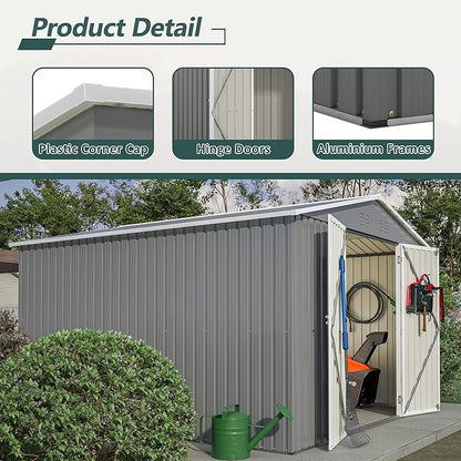 10x10 FT Outdoor Storage Shed, Large Metal Garden Shed with Lockable Hinged Doors, Outside Tool Shed with Sloped Roof & 4 Air Vents, Waterproof Storage Building for Backyard, Patio, Lawn, Gray