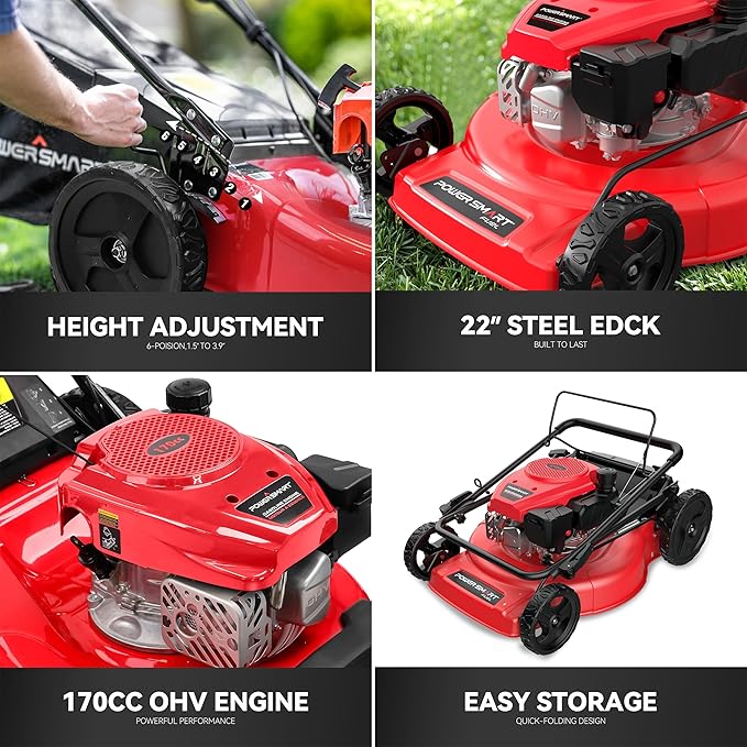 PowerSmart 22 in. 170cc RWD Self Propelled Gas Lawn Mower & 16-Inch 25.4cc String Trimmer/Edger with 10-Inch Brush Cutter