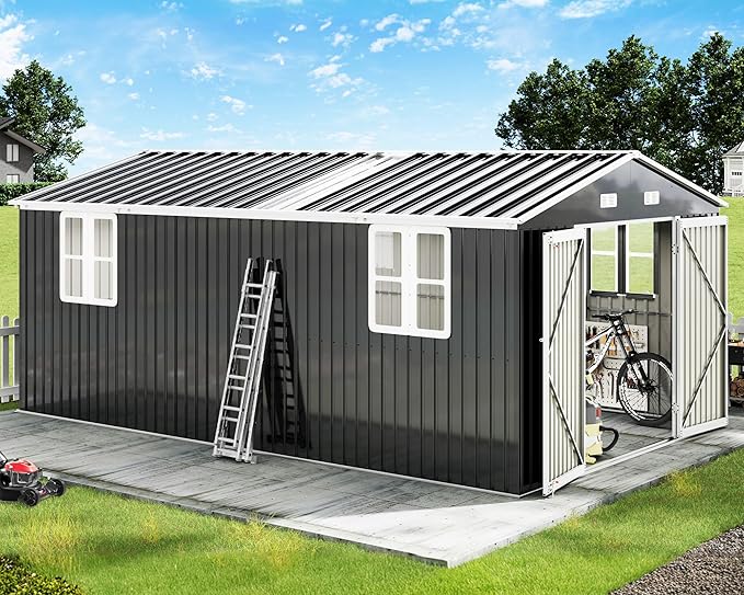 AMERLIFE 10x16x7.2 FT Metal Storage Shed with 2 Transparent Panels, Outdoor Tool Shed with Hinged Double Doors, Windows & Vents, Reinforced Steel Frame for Backyard Garden, DIY Workshop, Dark Gray