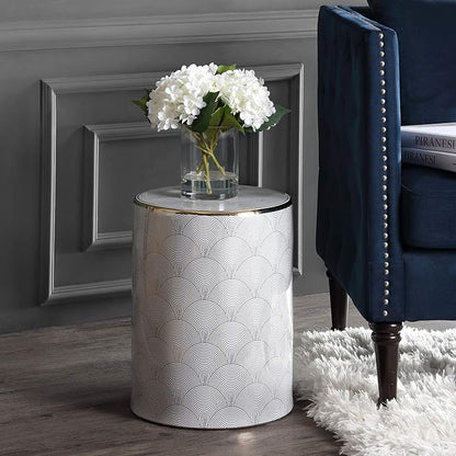 JONATHAN Y TBL1001A Fish Scale 17" Modern Ceramic Indoor/Outdoor Garden Stool, Coastal, Contemporary, Transitional, Side Table, Plant Stand, Spill-Proof, Living Room, Garden Room, Patio, White/Gold