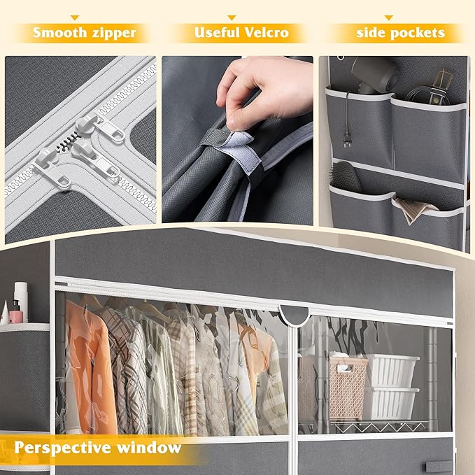 Raybee Clothes Rack with Cover Clothing Racks for Hanging Clothes Heavy Duty Portable Closet with Wheels，Rolling Garment Rack for Bedroom,Black