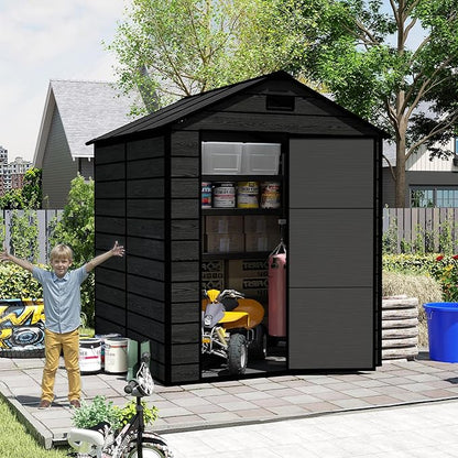 6x6 ft Outdoor Storage Shed,Garden Shed W/Window,Resin Storage Shed W/Air Vent & Lockable Door,Weatherproof Tool House W/Sloped Roof,for Backyard Patio Lawn,Black