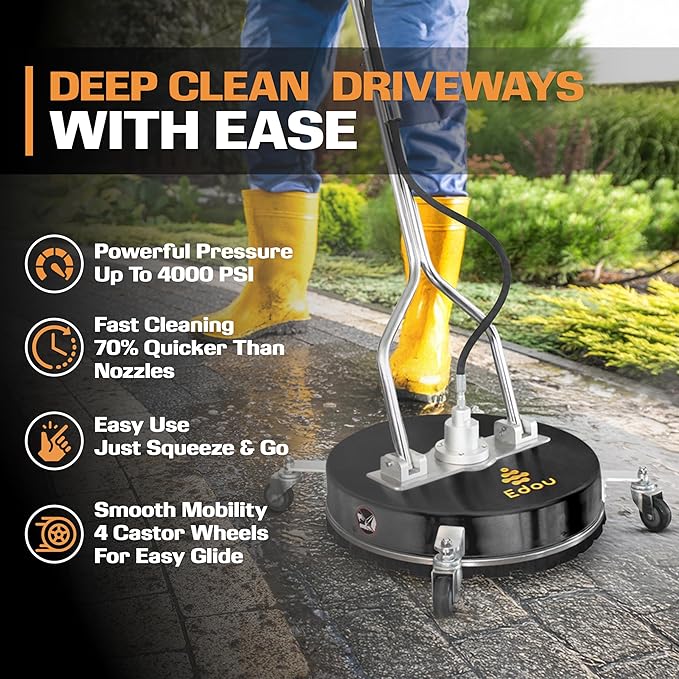 EDOU 20-Inch Dual Handle Pressure Washer Surface Cleaner, Wheels - Heavy Duty Composite Surface Pressure Washer - 4000 PSI Max - Includes 3/8-Inch Quick Connector Kit, Teflon Tape, Adapter Set