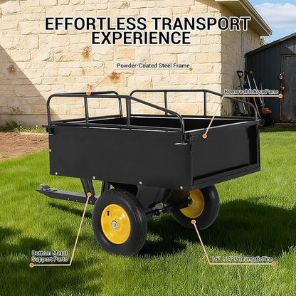 500LBS Heavy Duty Tow Behind ATV Trailer, Steel Dump Cart, Garden Utility Trailer with Removable Tailgate for Riding Lawn Mower Tractor, Black