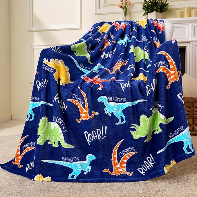 Joiedomi Glow in The Dark Blanket Dinosaur Toys for Kids 3-5 Dinosaur Gifts Toys for Age 2 3 4 5 6 7 8 9 10 11 12 Year Old, Soft Cozy Flannel Kids Throw Blanket, Birthday 40"×60"
