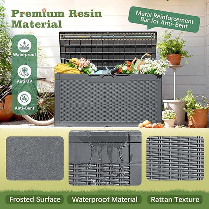 Flamaker Outdoor Storage Box 100 Gallon Waterproof Resin Deck Box Delivery Box with Air Rod Indoor Outdoor Lockable Storage Bench for Patio Cushions, Tools, Pool Accessories (Gray)