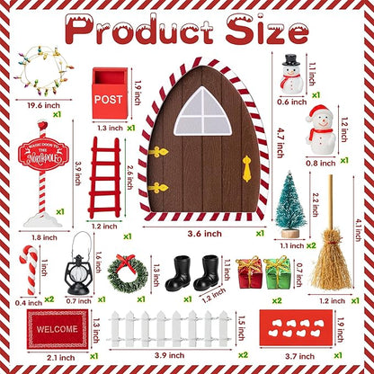 Haooryx Christmas Magic Wooden Miniature Fairy Doors Accessories - 22Pcs Christmas Elf Magic Door for Wall Fairies Magical Door Decoration Christmas Party Outdoor Xmas Decor (Red & White Border)