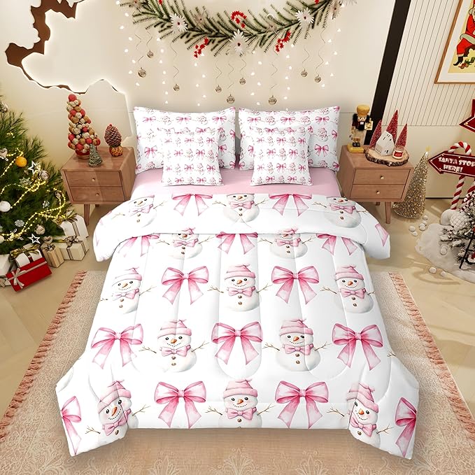 7 Pieces Cartoon Snowman Kids Comforter Full,Pink Bowknot Bow Tie Princess Toddler Bedding Set,Merry Christmas Xmas Bow New Year（Comforter+Fitted+Flat Sheet+2 Pillowcases+2 Throw Pillow Covers）