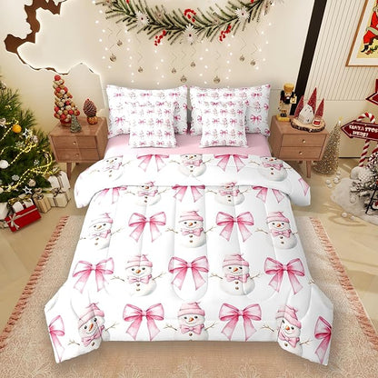7 Pieces Cartoon Snowman Kids Comforter Full,Pink Bowknot Bow Tie Princess Toddler Bedding Set,Merry Christmas Xmas Bow New Year（Comforter+Fitted+Flat Sheet+2 Pillowcases+2 Throw Pillow Covers）