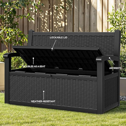 YITAHOME 70 Gallon Deck Bench with Storage, Outdoor Storage Box Bench with Armrests for Patio Garden Pool Porch, Waterproof&Lockable, Black