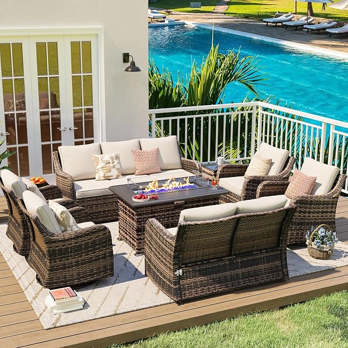 MEISSALIVVE Outdoor Patio Furniture Set with 43" Fire Pit Table, 9 Pieces Wicker Patio Conversation Set with Swivel Chairs, Outdoor Patio Set for Lawn Backyard Porch (Brown)
