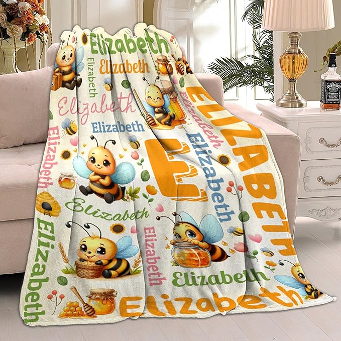 Personalized Custom Honeybee Blanket Gifts for Kids Boys Girls with Name - Customized Honeybee Super Soft Lightweight Flannel Sheets Decor for Crib Nap Couch - 90"x120" for Whole Family