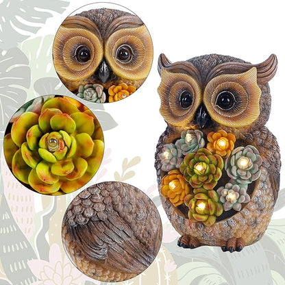FORUP Owl Garden Statue, Resin Owl Figurine Garden Lawn Ornaments with Solar LED Lights for Outdoor Yard Garden Decorations